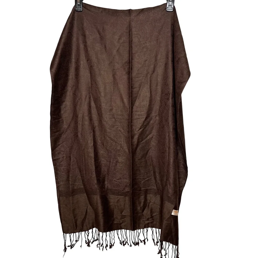 Pashmina SILK Oversize Scarf Brown‎ Paisley Pattern Tassel Fringe Luxury Wrap